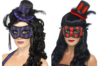 Masque et chapeau burlesque noir et rouge ; noir et violet