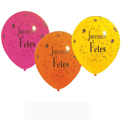 Ballons "joyeuses f&ecirc;tes" multicolores autour diam 30cm- paquet de 100