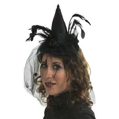 Serre tete mini chapeau sorciere plumes+dentelle noire